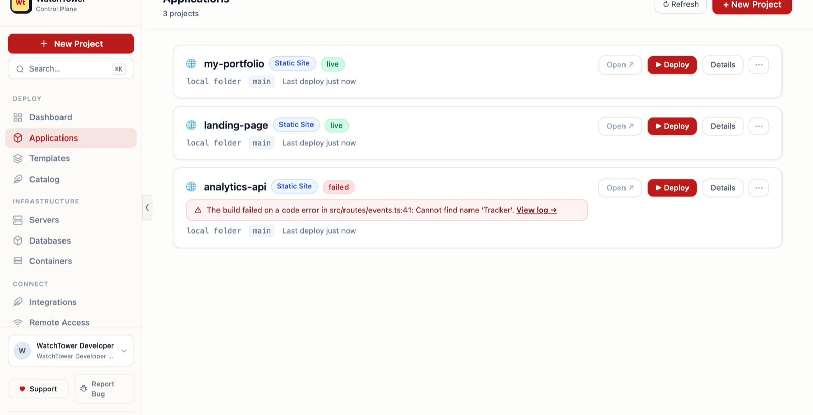 WatchTower's Applications page: my-portfolio and landing-page are live; analytics-api failed and the card explains why — a code error in src/routes/events.ts line 41 — with a View log link.