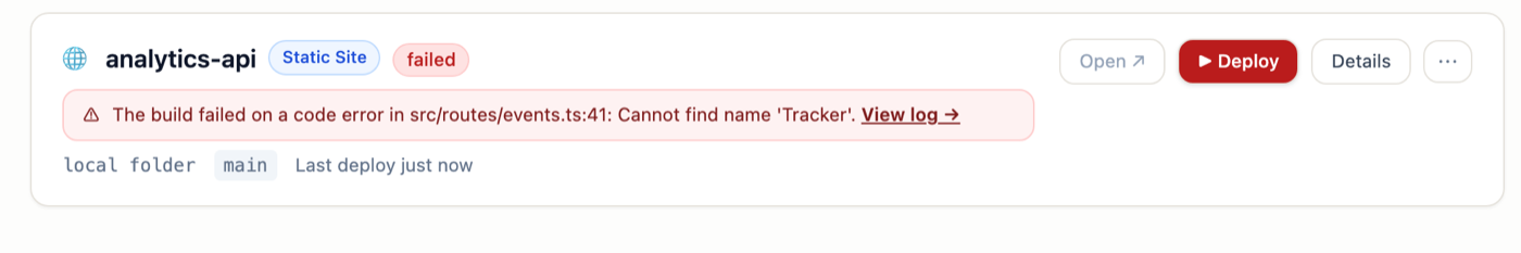 A real failed project card in WatchTower: 'The build failed on a code error in src/routes/events.ts:41: Cannot find name Tracker' with a View log link.